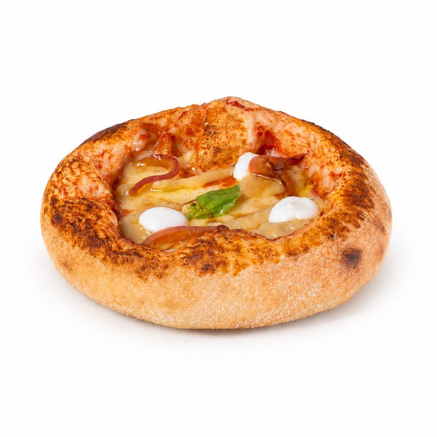 Rounder No. 405 — San Marzano tomato, Fior Di Latte mozzarella, smoked aubergine mousse, xinomyzithra cream, caramelised onion, basil