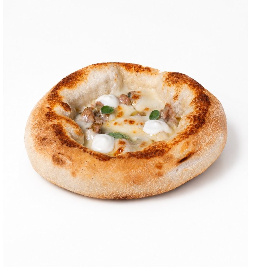 Rounder No. 408 — parmesan cream, Fior Di Latte mozzarella, handmade pork sausage, Lemnos feta cream, fresh oregano